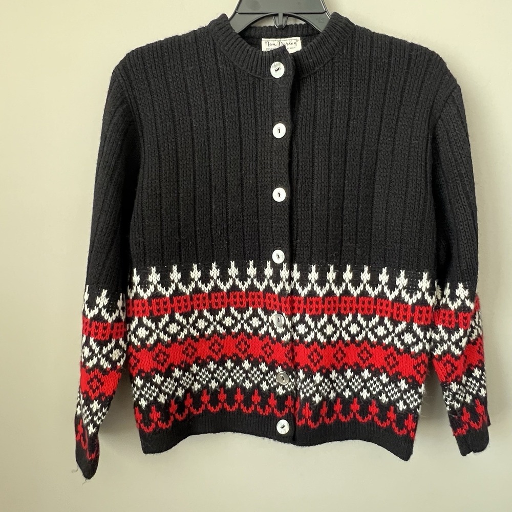 Vintage 60s 70s Nan Dorsey Fair Isle Cardigan Black Red Sweater Orlon Grandma SM